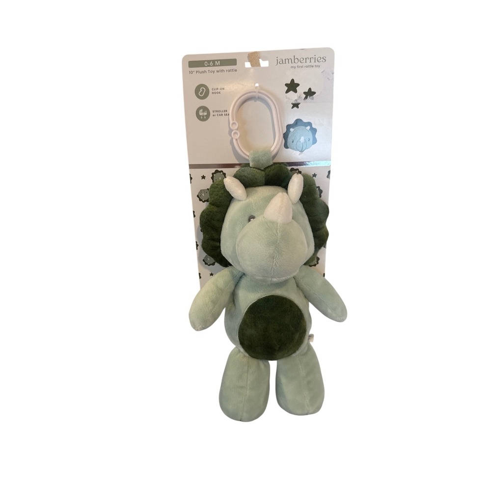Jamberries My First Rattle Toy Cuddle Dinosaur 10 Inch Plush Green Stroller Clip - Picture 2 of 4